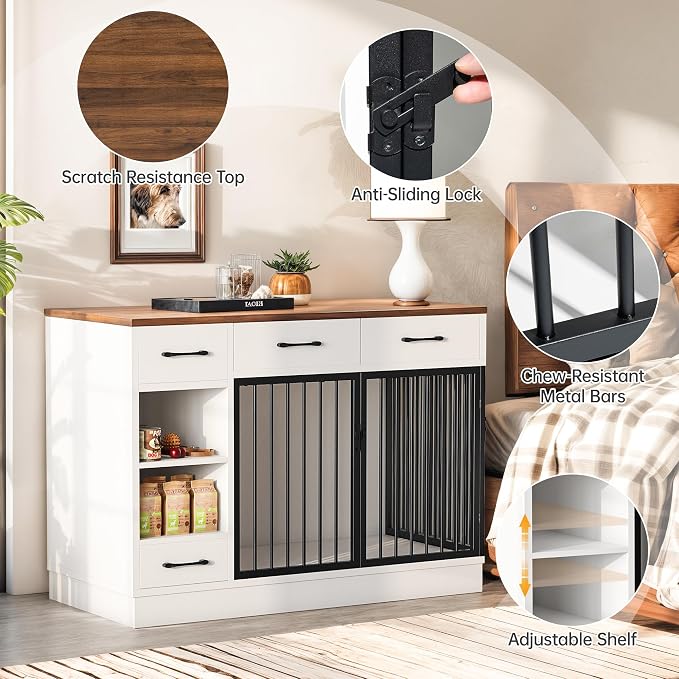 Dog Crate, 47.2" Dog Cage with Hidden Feeder Bowl & 3 Storage Drawers - Wooden Dog Crates with Adjustable Shelf, 2 Doors Dog Kennel Furniture for Medium & Small Dogs, Multi-Functional Pet End Table