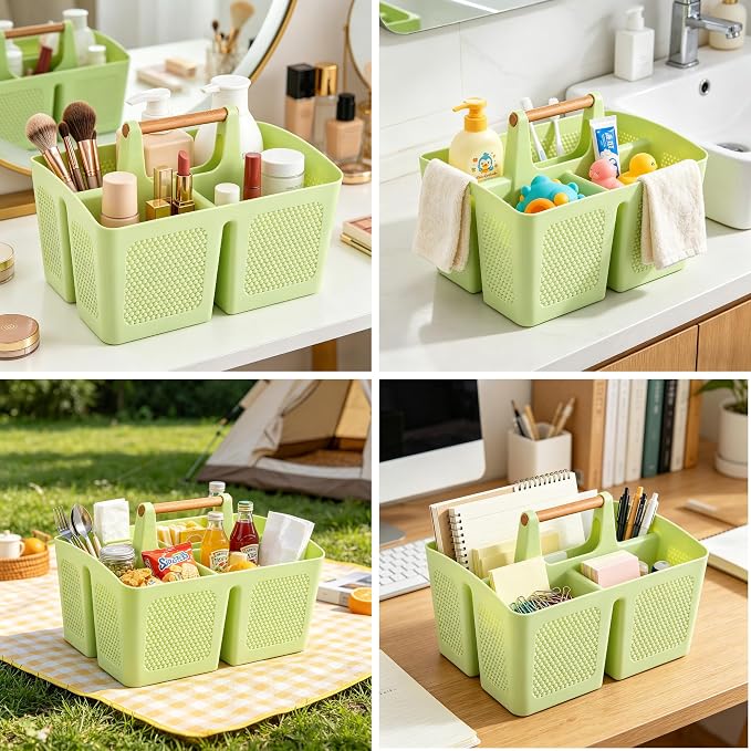 Haundry Plastic Green Shower Caddy Basket with 3 Compartments, Portable Divided Bathroom Cleaning Caddy Organizer Storage Tote with Handle for Dorm, College, Room Essentials