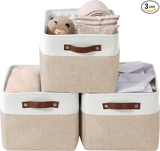 DECOMOMO Storage Bins, Extra Large Fabric Storage Baskets for Shelves 3Pack | 15.8 x 12.5 x 10 inches Decorative Linen Closet Organizers (Beige & White)