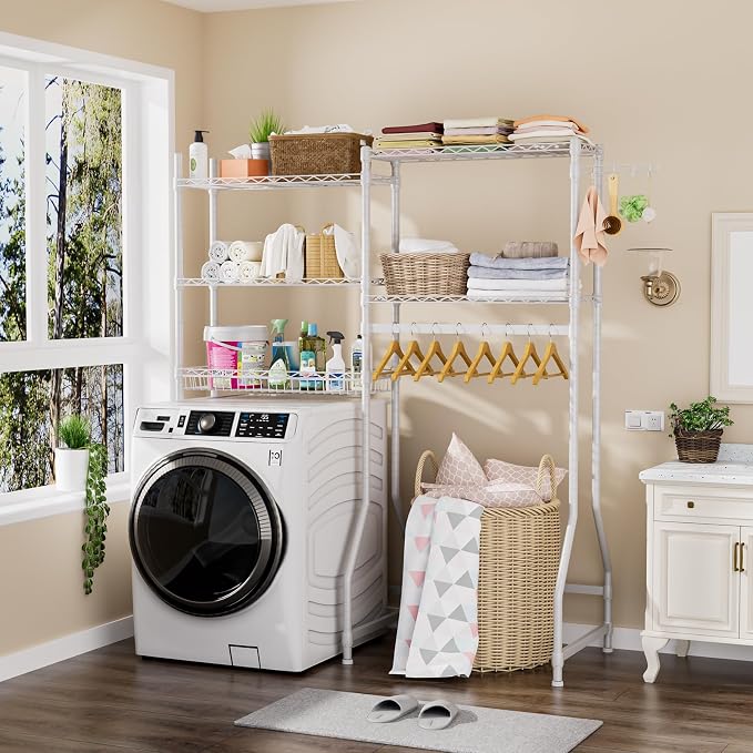 Golpart Laundry Organizer Shelves Over the Washer and Dryer Storage Shelf | Heavy Duty Laundry Room Organization Clothes Drying Rack Adjustable Height Wire Shelving and Wire Basket with Hanger Rod