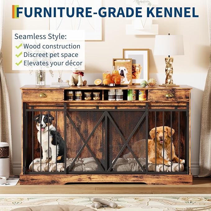 Garvee 63'' Double Dog Crate with Removable Divider | Extra Large Dog Cage Furniture with Sliding Doors & 2 Drawers, Multifunctional Indoor Pet House TV Stand for 2 Pets