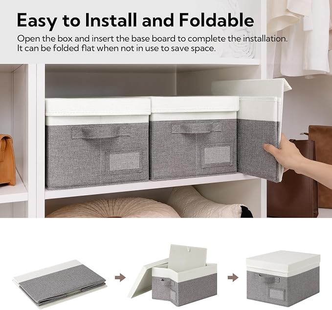 GRANNY SAYS Storage Bins with Lids, Decorative Storage Boxes with Lids | Storage Box with Dust Cover, Handles & Lable, Collapsible, Ideal for Closet Clothes Blanket Toys, Medium, White&Gray, 3-Pack