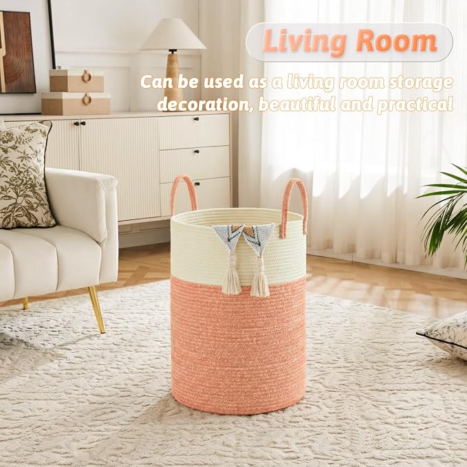 Laundry Basket,Woven Cotton Rope Laundry Hamper,40L for Decor Storage of Dirty Clothes,Toys and Blankets in Bathroom,Baby Room and Living Room