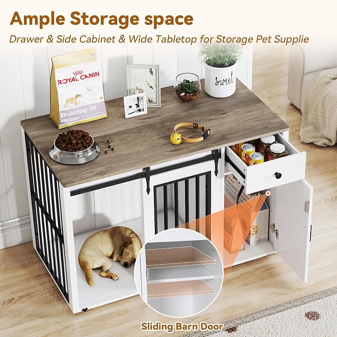 Verano Garden 44" Dog Crate Furniture, Dog Kennel (44" Right Facing Door) | 2-in-1, Lockable, Sliding Door, Removable Divider, Adjustable Shelf, Farmhouse, Heavy Duty, Small Medium Dogs, White
