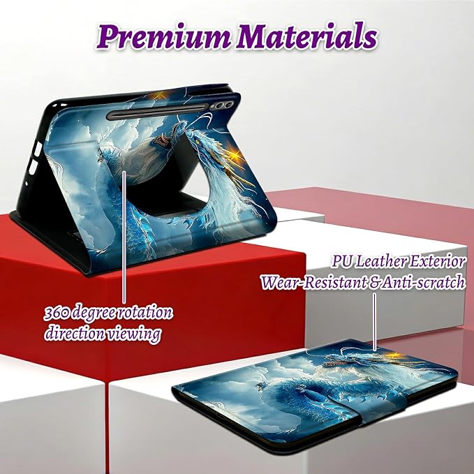 Rotating Handle Case for Samsung Tab S10 Ultra 2024/Galaxy S9 Ultra 2023 14.6", 360 Degree Swivel Kickstand with Magnetic Closure Shockproof Leather Protective Cover, Cloud Blue Dragon