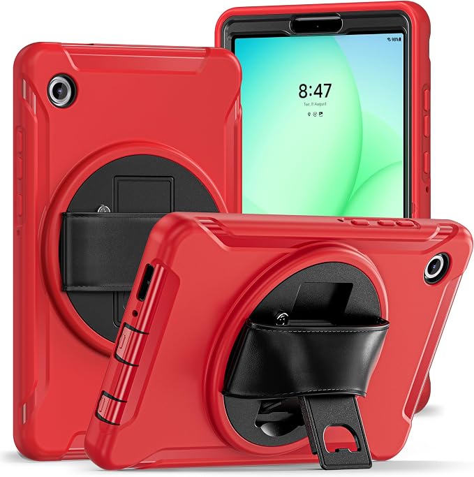 for Samsung Galaxy Tab A11 (2025) 8.7 inch Case 5G with Screen Protector, Hand Strap, Pen Holder & 360° Rotating Stand,Shockproof Protective Cover for SM-X130/X133/X135 (Red)