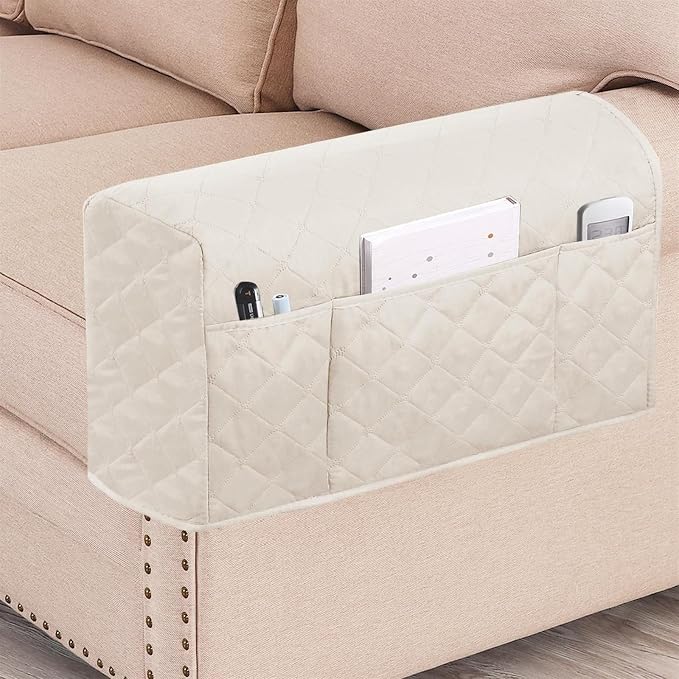 2 Pcs Waterproof Couch Arm Covers Dirty-Resistant Anti-Scratch Arm Rest Covers for Sofa with Side Pocket Anti-Slip Arm Chair Covers, Armrest Organizer(White)