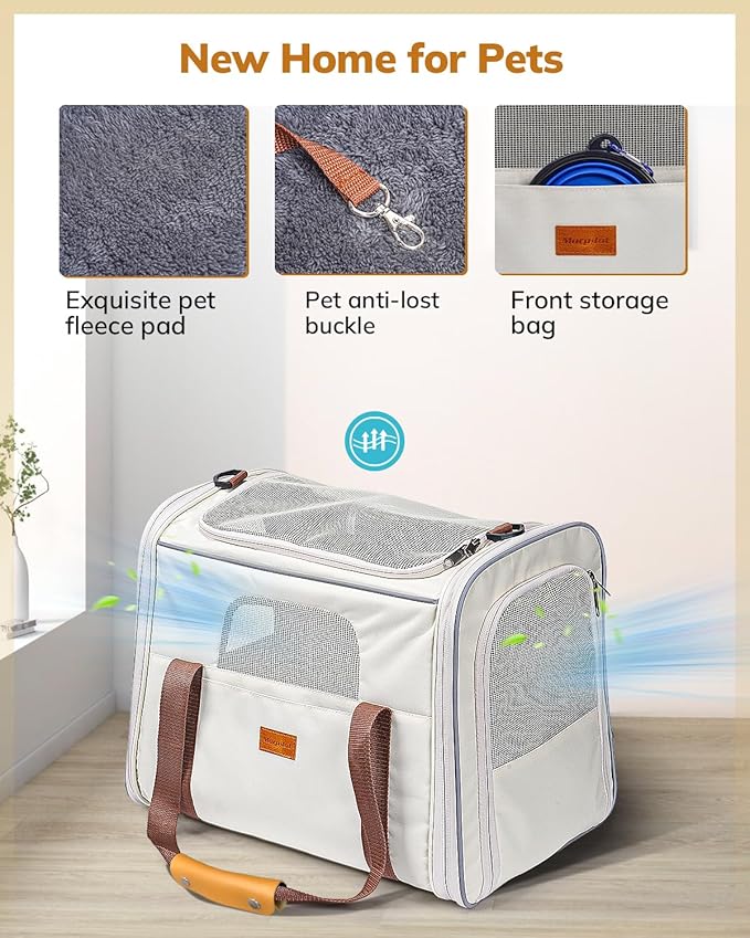 Morpilot Cat Carrier Soft for Large Medium Cats and Puppy up to 18lbs | Pet Carrier with Safety Zippers, Foldable Bowl, Airline Approved Large Dog Carrier - Beige