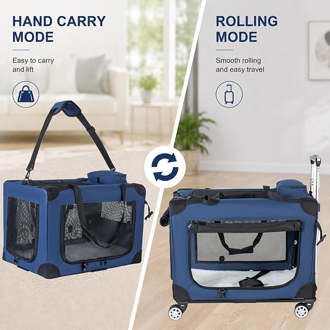 28" Pet Carrier with Wheels, 50 lb Soft Sided Foldable Dog Crate, 3 Mesh Doors, Detachable Wheels, Dark Blue Travel Kennel for Vet Visits and Medium Large Dogs