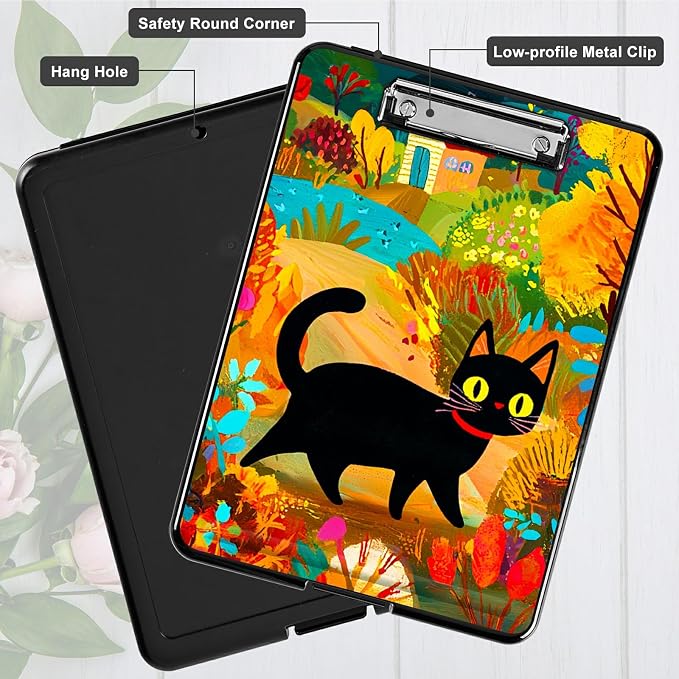 Black Cat in Autumn A4 Clipboard with Storage Pen Holder, Clipboards Organizer Nursing Clipboard Foldable File Folder Plastic Clipboard Folio Clip Board for Office Students Classroom Doctor