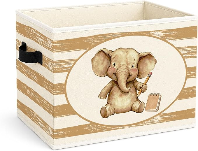 Cute Elephant Pencil Beige Stripe Foldable Fabric Storage Bin | Cute elephant pencil, beige stripe; foldable bin for toys, books, clothes in nursery, classroom or playroom.