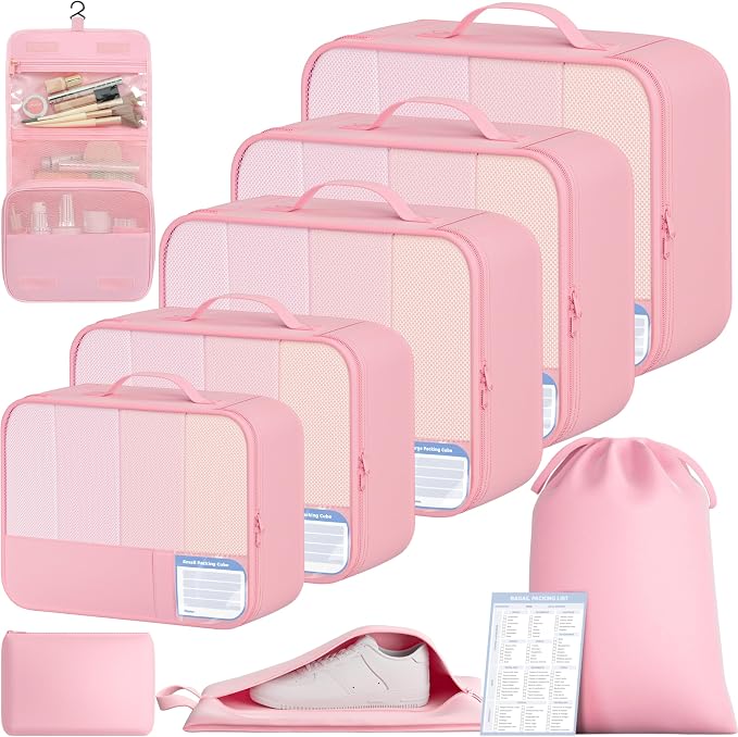 BAGAIL 9 Set Packing Cubes with Packing List Luggage Packing Organizers for Travel Accessories (Pink)