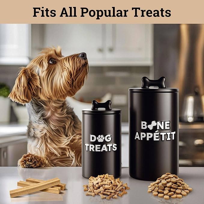 Ceramic Dog Treat Container Airtight Set of 2, 10x5 in & 7x4 in, 11 Cups | Airtight Ceramic Lids, Ceramic Bone Handles, Food Safe, Easy to Wash, Sturdy, Dishwasher Safe, Raised Design, 2-pc Dog Jars