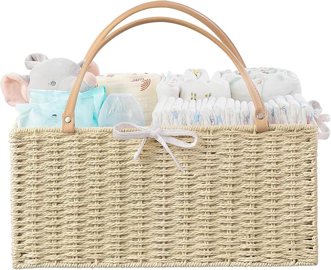 HBlife Large Baby Diaper Caddy Organizer, Paper Rope Storage Baskets Nursery Bin with Removable Divider, Portable Car Organizer for Diapers, Baby Shower Gifts, Newborn Essentials Must Haves