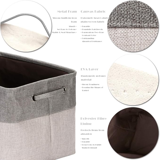 Sea Team Large Rectangle Canvas Open-Top Storage Baskets, 3-Pack | Collapsible Fabric Storage Bins with Handles, Closet Shelf Organizers, 15 x 10 x 10 Inches, Ash Gray & Gray