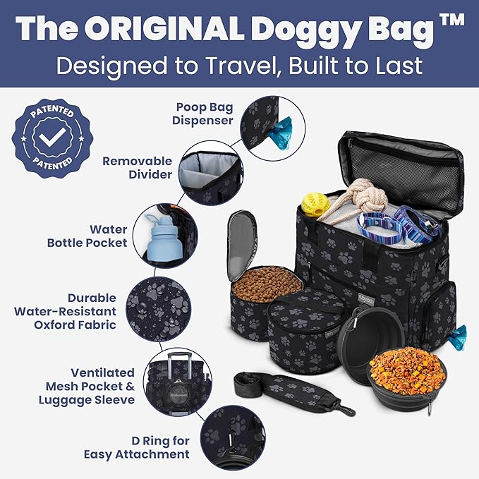 Original Doggy Bag™ Dog Travel Bag for Supplies with Travel Bowls | 2 BPA-Free Collapsible Bowls, 2 Pet Food Containers, TSA-Ready, Road Trips, Camping, Weekend Getaways, Doggy Gift, Paw Print