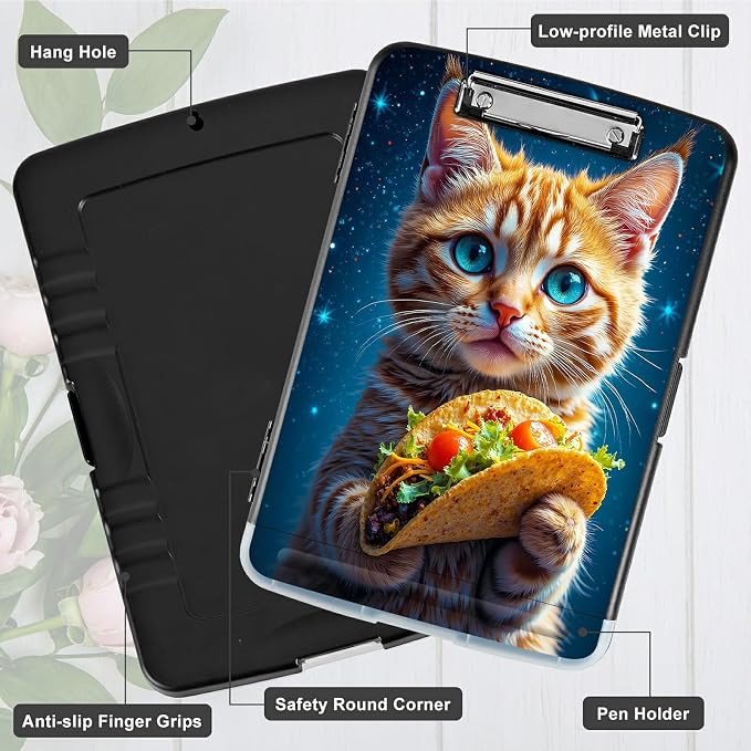 A4 Clipboard with Storage Pen Holder, Clipboards Organizer Nursing Clipboard Foldable File Folder Plastic Clipboard Folio Clip Board for Office Work Classroom Doctor, Hamburg Orange Cat