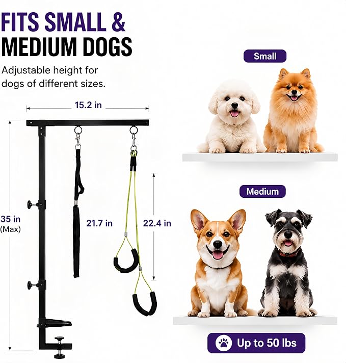 Adjustable Dog Grooming Arm & No-Sit Holder, Height 26"-40 | Adjustable Pet Grooming Arm for Small to Large Dogs, with Grooming Loop, Hammock & No-Sit Haunch Holder