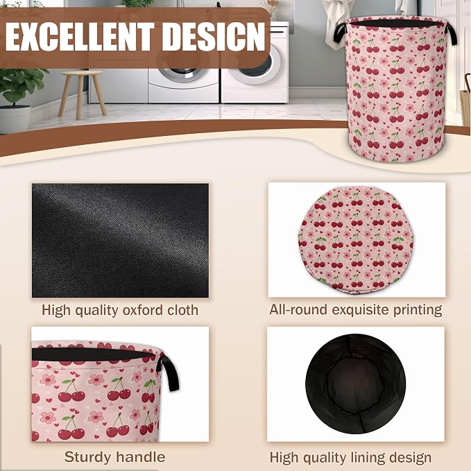 Cherry Flower Laundry Basket,Waterproof Foldable Pink Laundry Hamper,Dirty Clothes Laundry Basket, Linen Bin Storage Organizer Collection 16" x 20.8"
