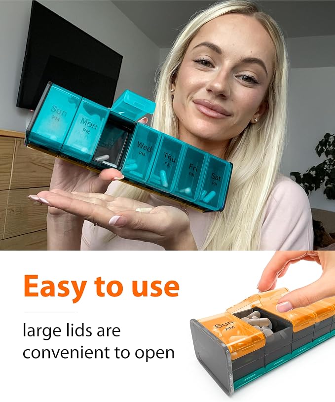 Extra Large Pill Organizer - XXL Vitamin Holder for Weekly Supplements - Double Sided Pill Box 7 Day with Big AM PM Compartments Huge Daily Medicine Dispenser 2 Times a Day Reliable and Easy-to-Use