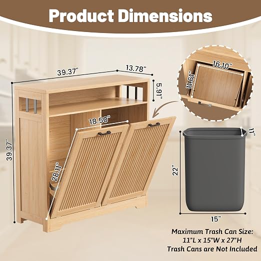 13 Gallon Double Tilt Out Trash Can Cabinet with Open Shelf & Storage - Pet Proof Hidden Recycling Cabinet & Wooden Laundry Hamper for Kitchen, Bathroom, Living Room, Natural Wood