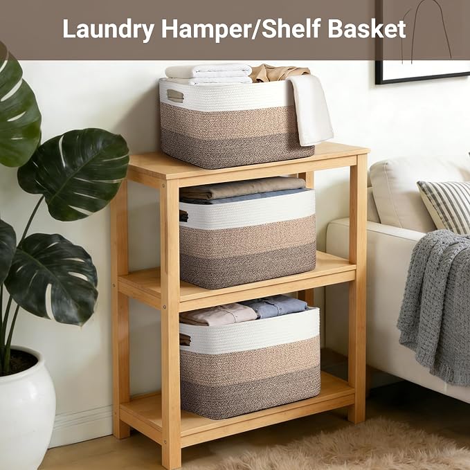 75L Laundry Basket Hamper,Gradient Brown/White, 22"x17"x12" | Cotton Rope Blanket Basket,Rectangle Woven Storage Basket for Living Room,Large Shelf Basket for Shoes,Toys, Clothes, Pillows