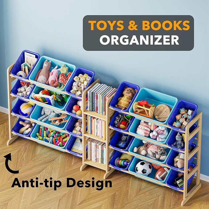 SpaceAid Large Toy Storage Organizer with 24 Bins and 3 Shelves, Toy Organizers Storage Bookshelf, Kids Bin Shelf Box Bookcase for Bedroom Playroom Organization Room Decor, Blue and Navy Blue