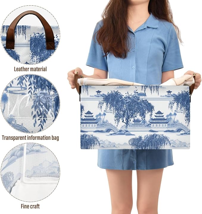 Blue and White Porcelain Pavilions Willow Tree Storage Bins for Shelves with Labels&Handles Fabric Organizer Bin Foldable Rectangle Storage Basket Boxes for Closet, Bathroom, Home, Living Room