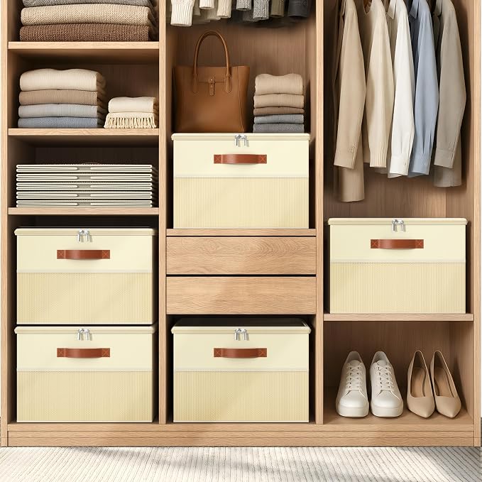 Shoe Organizer for Closet,2 Pack Foldable Shoe Storage Organizer Box Bin with Adjustable Dividers and Clear Cover, Fits up to 16-32 Pairs（Beige）