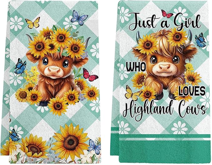 Highland Cow Kitchen Towels Set of 2 - Absorbent Dish Towels for Kitchen Drying, 17x26 Inch Farmhouse Western Cow Dish Towels Sunflower Plaid Design, Housewarming Gifts for Women Cows Lovers