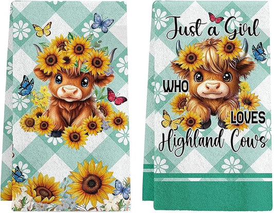 Highland Cow Kitchen Towels Set of 2 - Absorbent Dish Towels for Kitchen Drying, 17x26 Inch Farmhouse Western Cow Dish Towels Sunflower Plaid Design, Housewarming Gifts for Women Cows Lovers