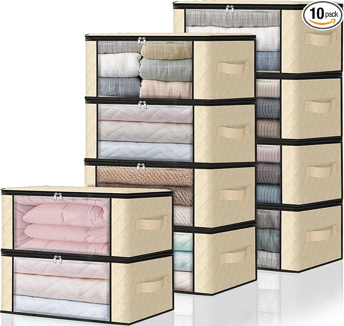 HomeHacks 10-Pack Clothes Organizer Storage Bags, 35L Storage Bins, Beige | Foldable Storage Box Container with Zippers, Clear Window, Reinforced Handles for Closet, Dorm, Pillows, Bedding, Sweater
