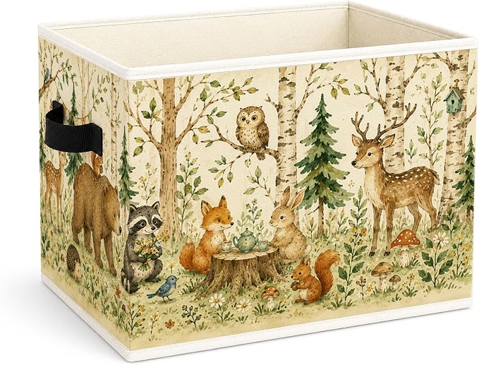 Woodland Animals Storage Bin, Foldable Fabric Organizer | Watercolor woodland animal storage bin for toys, books, clothes, blankets, nursery supplies, playrooms, shelves, and closets.