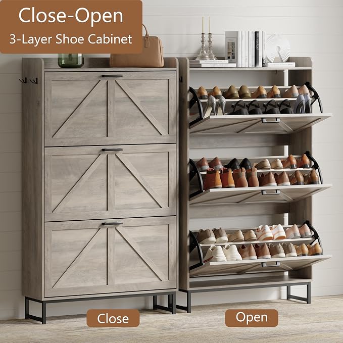 Xixini Shoe Storage Cabinet with 3 Flip Drawers, Entryway Shoe Rack, Grey | Freestanding Narrow Shoe Storage, Hidden Slim Wood Shoe Organizer, Modern Farmhouse, Open Storage & Hooks for Closet, Hallway