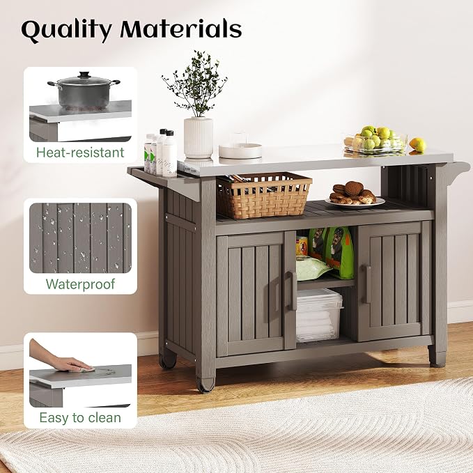 Bifanuo Outdoor Grill Table Grill Cart with Stainless Steel Top & Storage Cabinet for Food Prep and Storage, Portable and Durable with Wheels (Grey)