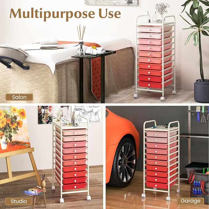 10 Drawer Rolling Storage Cart, Organization Cart with Drawers for Craft Makeup Paper Tool Art Supply, Versatile Utility Cart on Wheels for Home Office Classroom School (Gradient Pink)