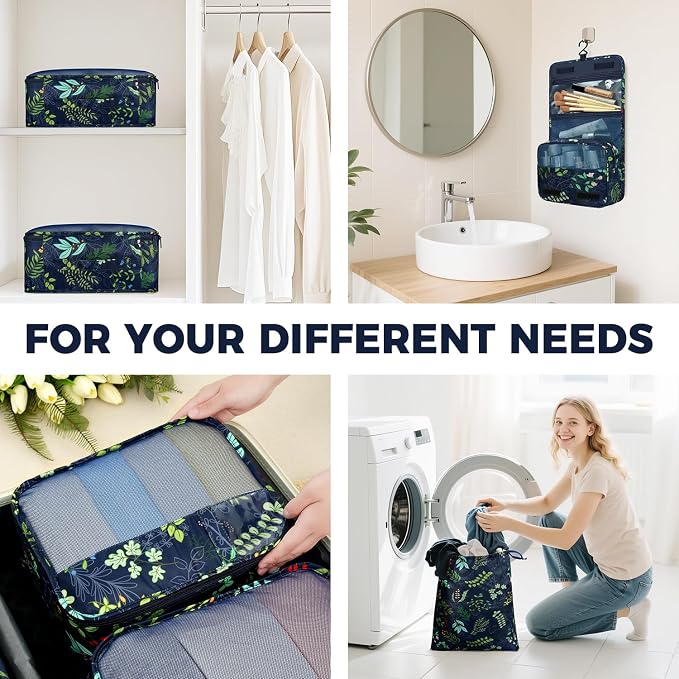 BAGAIL 9 Set Packing Cubes with Packing List Luggage Packing Organizers for Travel Accessories (Navy leaf)
