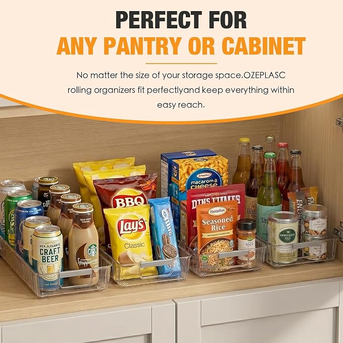 2 Pack Profile Fridge Organizer Bins with Wheels, 2.3'' Low Clear PET Roll Out Refrigerator Trays with 4 Dividers for Soda Cans, Drinks, Snacks and Pantry