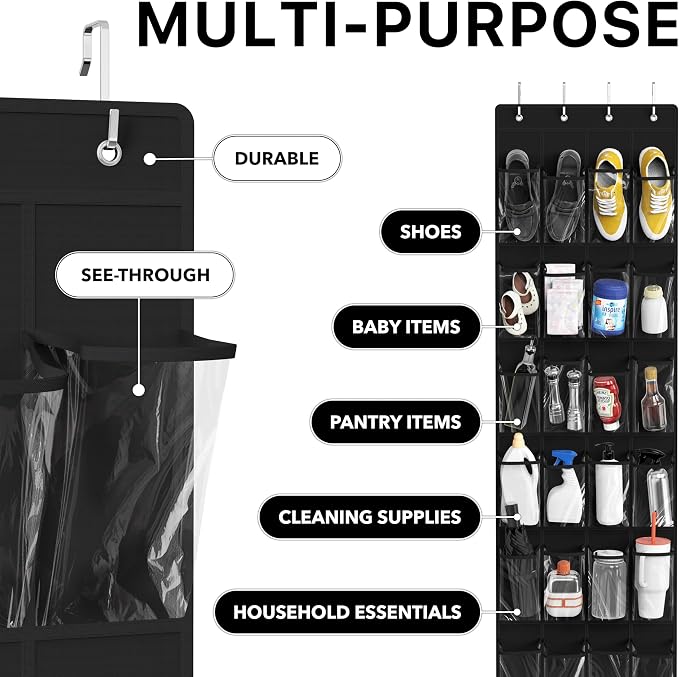 Simple Houseware 24 Pockets Clear Over the Door Shoe Organizer, Black | 64" x 19", 4 Durable Metal Hooks, 4.3" x 9.5" Pocket Size, Multipurpose