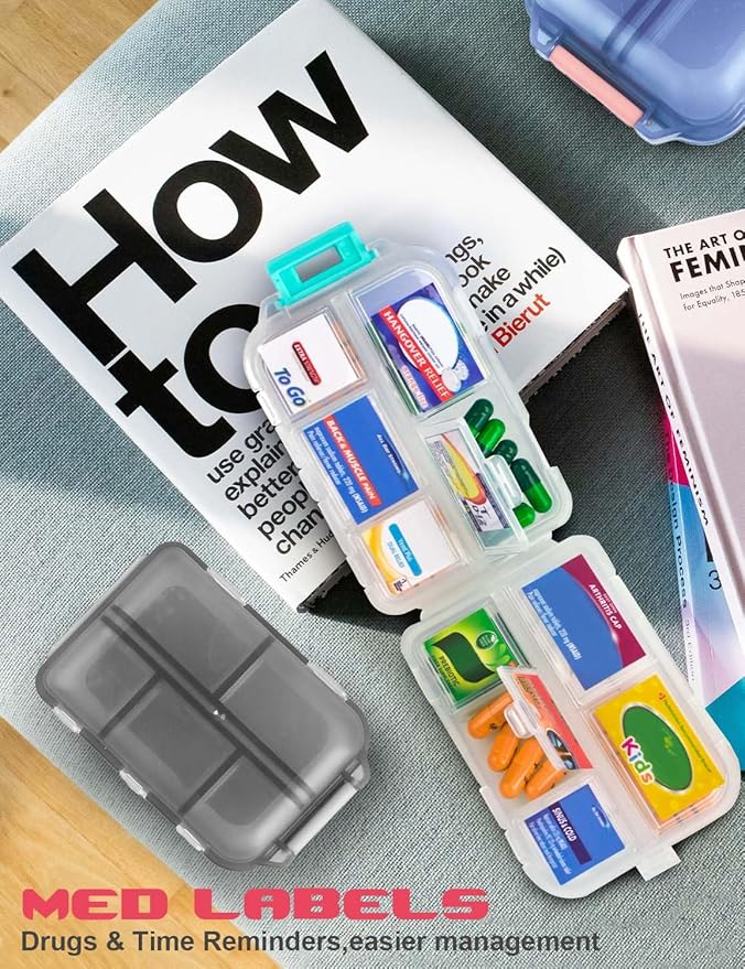 3 Pcs DIY Travel Pill Organizer with Labels Pocket Pharmacy, 3 Pill Box & 420 Medicine Labels, Portable Travel Essentials Mini Pill Container 7 Day Pill Case Storage Vitamin Fish Oil (Set A)