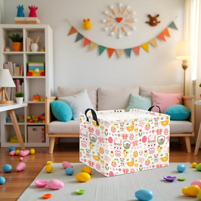Rectangular Easter Basket Easter Basket for Kids Baby Storage Basket Cute Toy Storage Bin Organizer Shelf Book Basket Easter Room Decor(Pink Easter Egg)