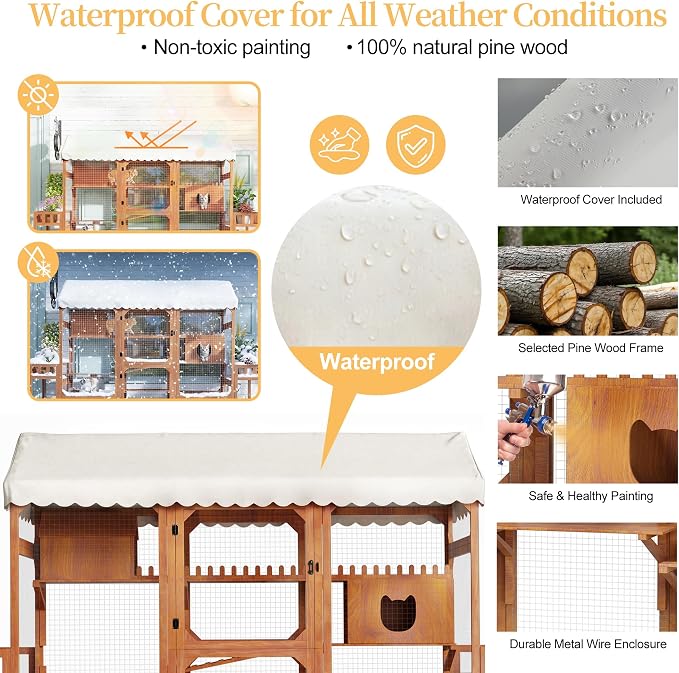 Large Outdoor Cat Enclosure Wooden Catio with Multi-Level Play Platforms, Climbing Ramps, Resting Boxes, Pom-Pom Toys & 2 Plant Stands, Weather-Resistant Roof & Wire Mesh for Backyard Patio, Brown