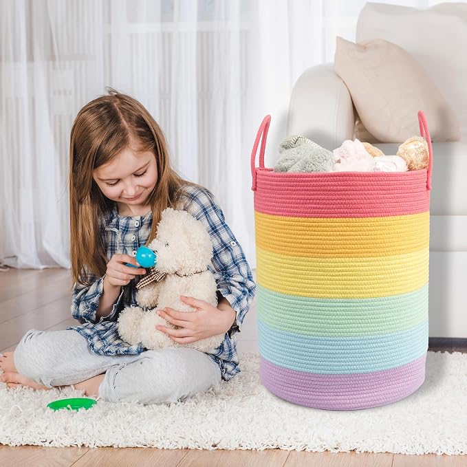 Woven Cotton Rope Laundry Basket, 15" x 20" Laundry Hamper, Rainbow | Rope storage basket for dirty clothes, toys and blankets. Perfect for bathroom, baby nursery and living room storage.