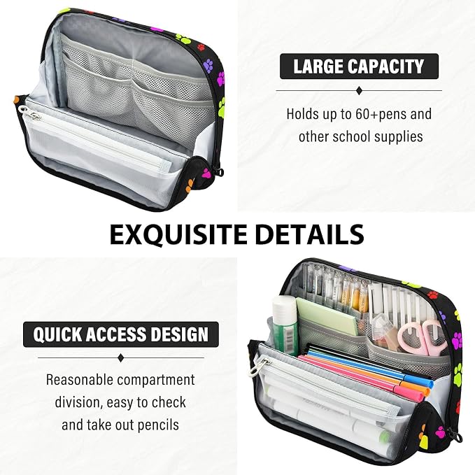 Aslsiy Large Capacity Pencil Case Bright Color Pet Paws (4) Pencil Pouch for Boys Girls Portable Pen Bag Organizer Standing Makeup Bag for School Office Supplies
