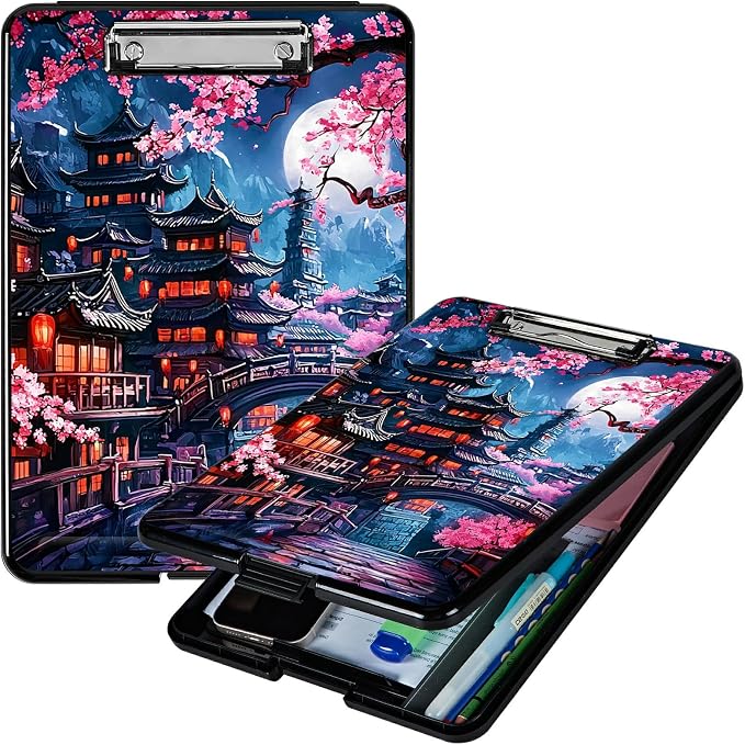 Cherry Blossom House A4 Clipboard with Storage Pen Holder, Clipboards Organizer Nursing Clipboard Foldable File Folder Plastic Clipboard Folio Clip Board for Office Students Classroom