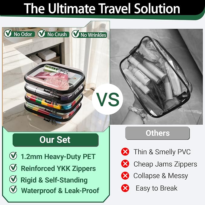 YQBRAO Clear Hard Shell Organizer Set, 2-Pack, Black | Two medium rigid PET organizers for travel, electronics, office supplies and everyday storage