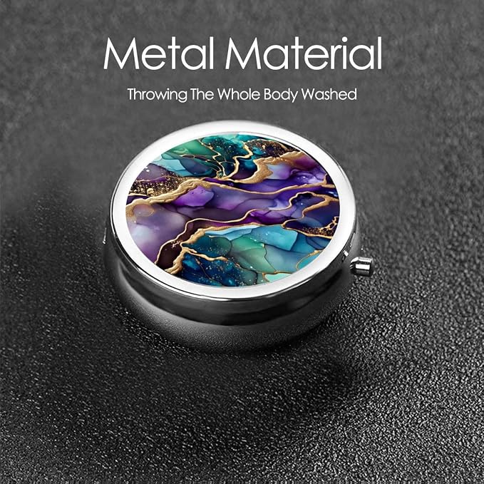 Watercolor Golden Line Abstract Marble Shape Portable Pill Organizer | 3 Compartment, With Mirror, For Men Women, For Daily Supplements, Vitamins, Fish Oil, Jewelry, Candy, Travel