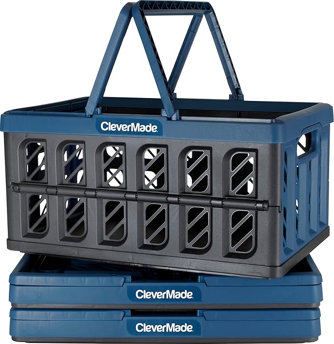 CleverMade Eco Collapsible Shopping Basket with Handles, 24L Ocean, 3 Pack | Keep Groceries Upright in the Car | Rigid Walls Carry 25 lb Each, Stack Securely, and Fold to 2.25 Inches for Storage