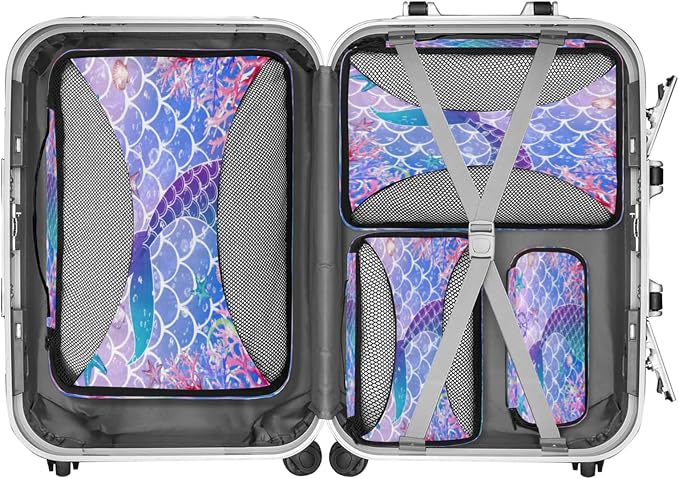 Mermaid Fish Scale Packing Cubes for Travel, Luggage Packing Organizers, Fishtail Travel Accessories Large Toiletries Bag for Clothes Shoes Cosmetics Toiletries