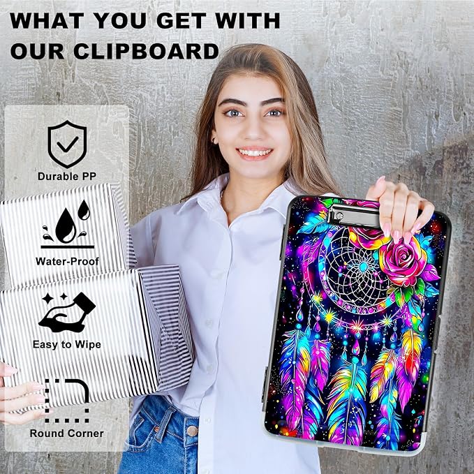 Artistic Dreamcatcher A4 Clipboard with Storage Pen Holder, Clipboards Organizer Nursing Clipboard Foldable File Folder Plastic Clipboard Folio Clip Board for Office Students Classroom